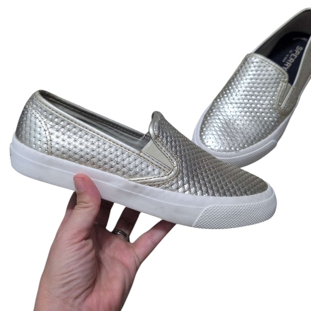 Sperry Seaside Gold Metallic Quilted Perforated Slip On Sneakers Woven Leather 5